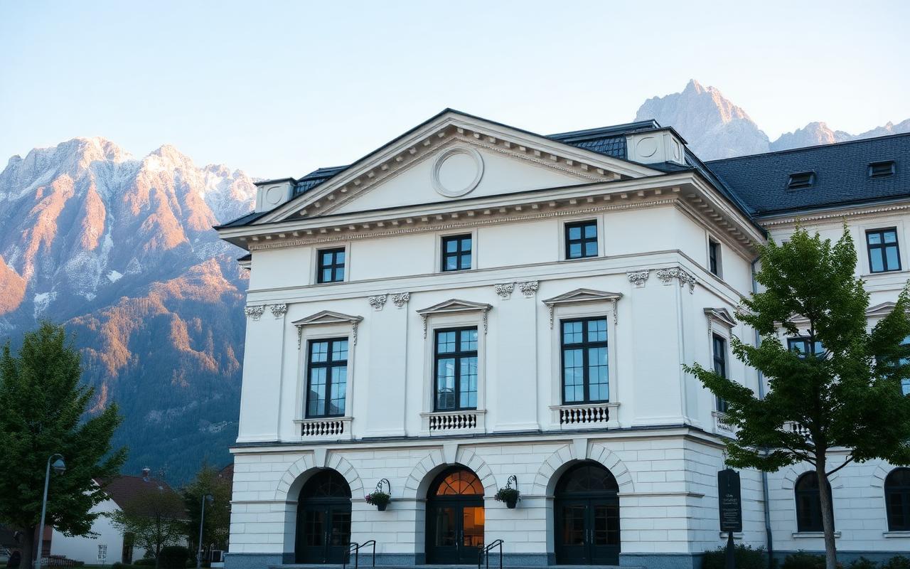Klassizistisches Behördengebäude in Vaduz mit Alpenpanorama