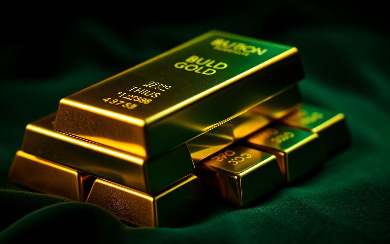 Gestapelte Goldbarren auf dunkelgrünem Samt