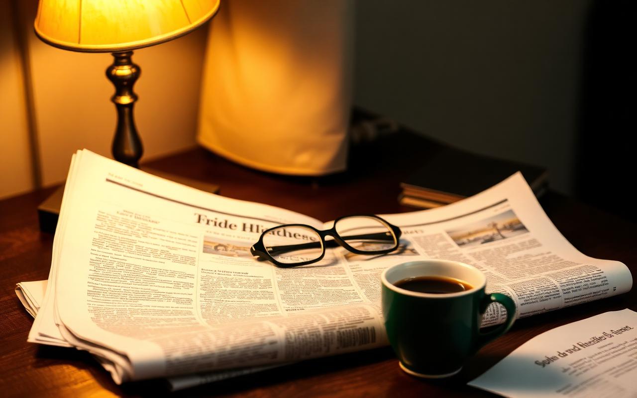 Aufgeschlagene Zeitung mit Brille und Kaffeetasse am Schreibtisch