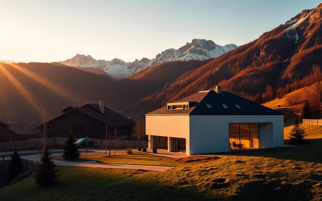 Modernes Bürogebäude in einem Liechtensteiner Alpental im Abendlicht