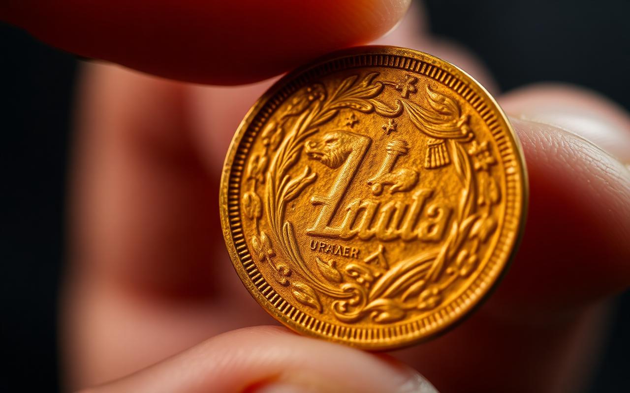 Antike Goldmünze in Nahaufnahme zwischen Fingern